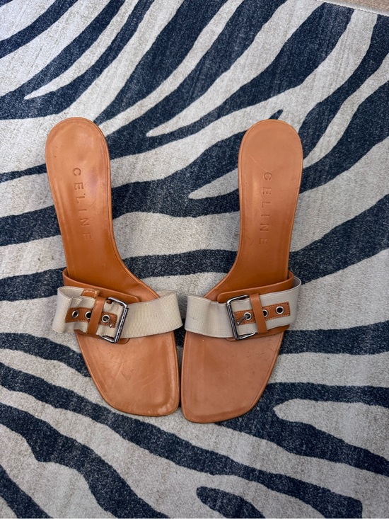 Celine Shoes - Celine Vintage Buckle Mule Kitten Heels Tan Beige Size 39.5